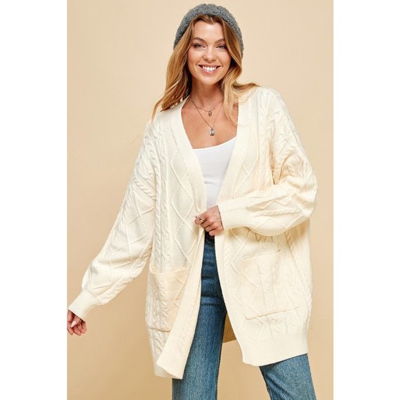 Women's PLUS SIZE Open Front Knit Cardigan (CREAM) - Picture 2 of 3
